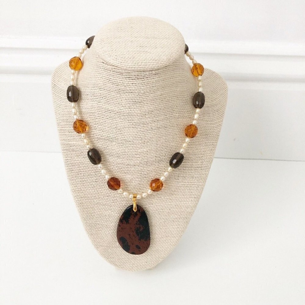 NWT Genuine Jasper, Smokey Quartz, Pearl, Czech Crystal Beads Necklace Brown